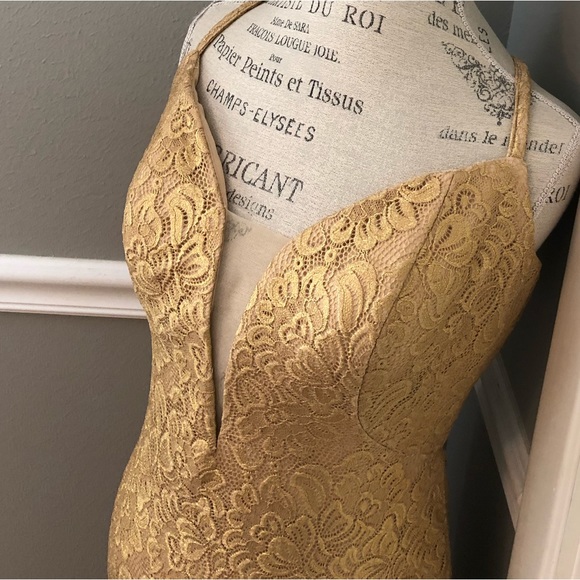 NEW LA FEMME SZ 12 GOLD LACE ILLUSION FORMAL EVENING GOWN - Picture 7 of 16